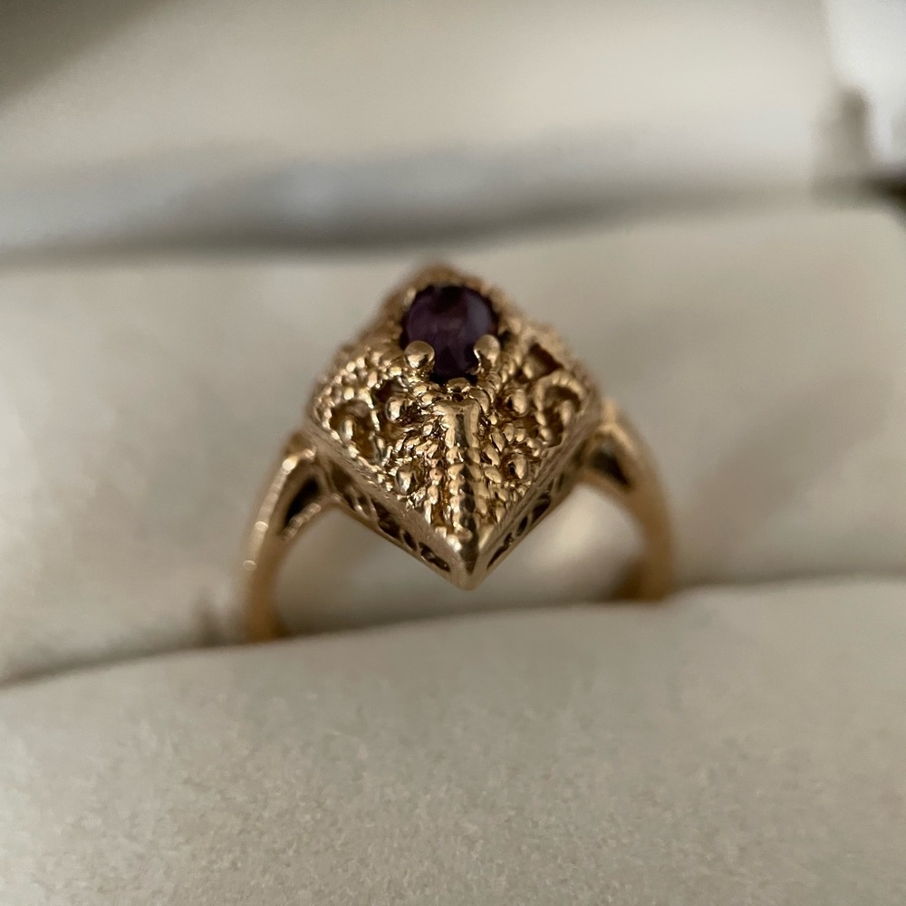 Etruscan 14k Gold Hand Wrought Granulated Filigree Scroll Lozenge Statement Ring - Picture 8 of 15